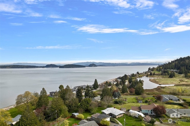 bird's eye view with a water and mountain view