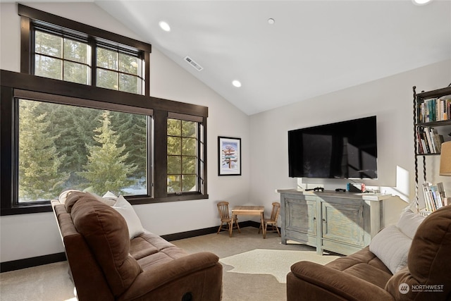 living room featuring light carpet and high vaulted ceiling