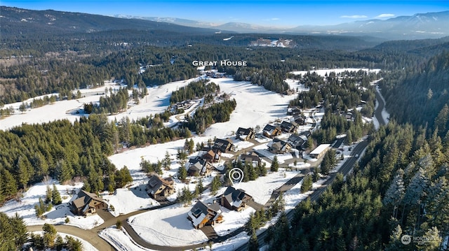 snowy aerial view with a mountain view