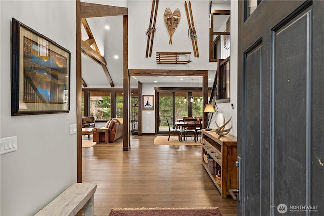 120 Rocky Run Loop, Cle Elum, WA 98922 - foyer entrance with wood finished floors, beam ceiling, recessed lighting, and high vaulted ceiling