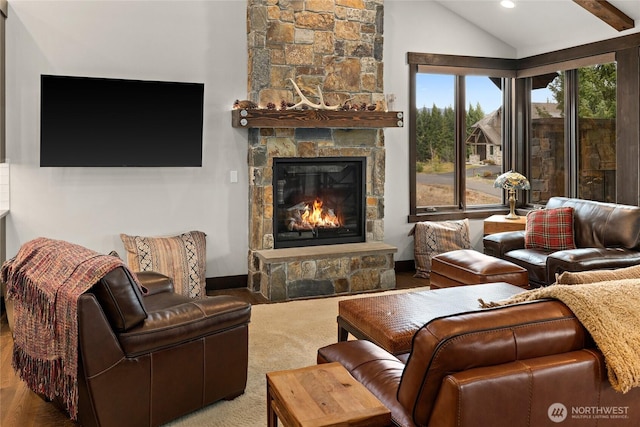 120 Rocky Run Loop, Cle Elum, WA 98922 - living room featuring vaulted ceiling and a fireplace