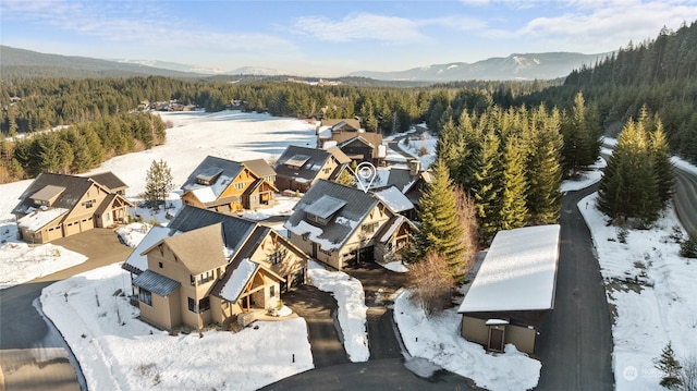 snowy aerial view featuring a mountain view