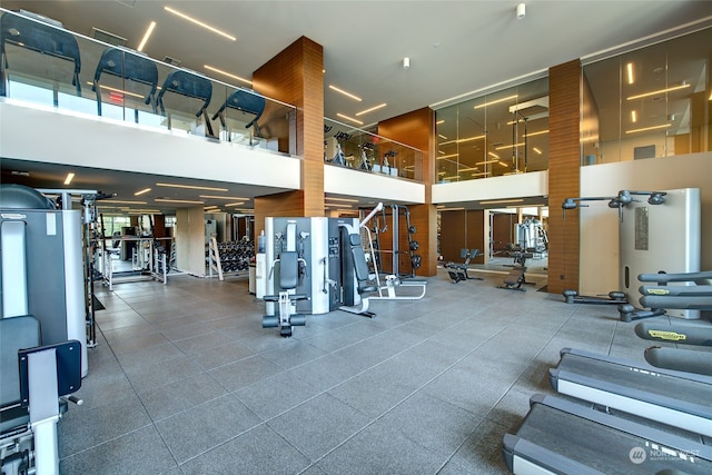 exercise room featuring a towering ceiling