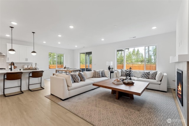 living room featuring plenty of natural light, light hardwood / wood-style floors, and a tile fireplace