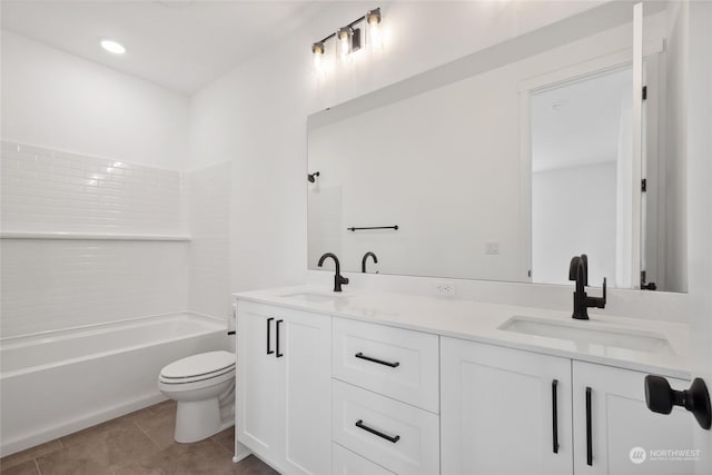 full bathroom featuring vanity, tile patterned flooring, shower / bathing tub combination, and toilet