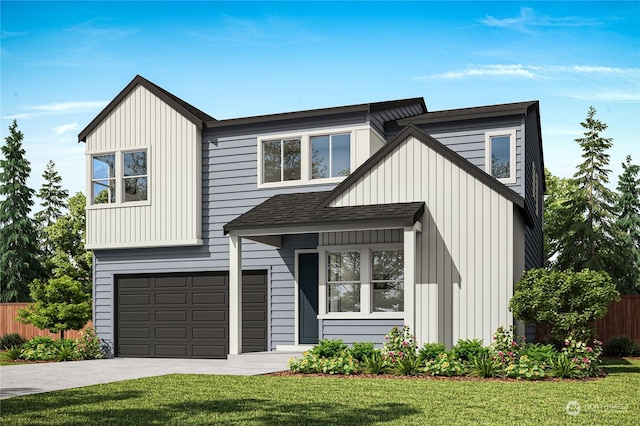 view of front of property featuring a garage and a front lawn