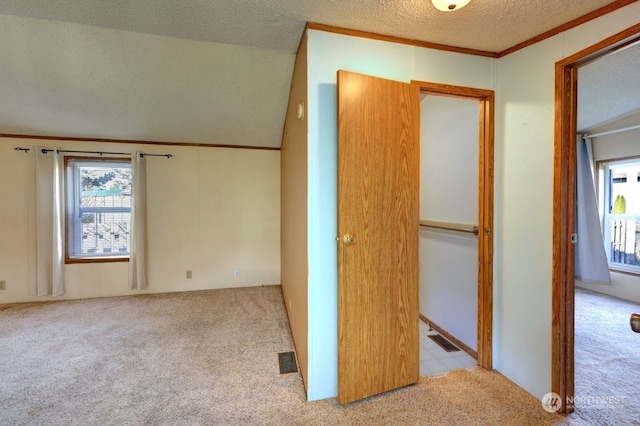 interior space featuring vaulted ceiling, light carpet, and a textured ceiling