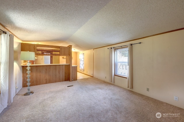 unfurnished living room with lofted ceiling, light colored carpet, and a textured ceiling