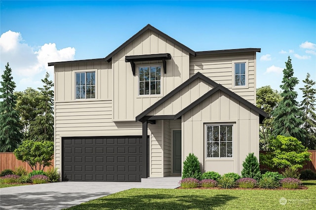 modern farmhouse featuring a garage and a front yard