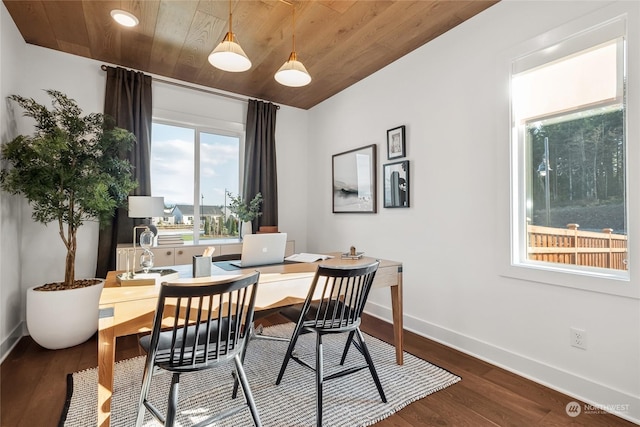 dining room with dark wood-type flooring and wood ceiling