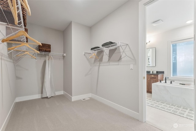 walk in closet with light colored carpet