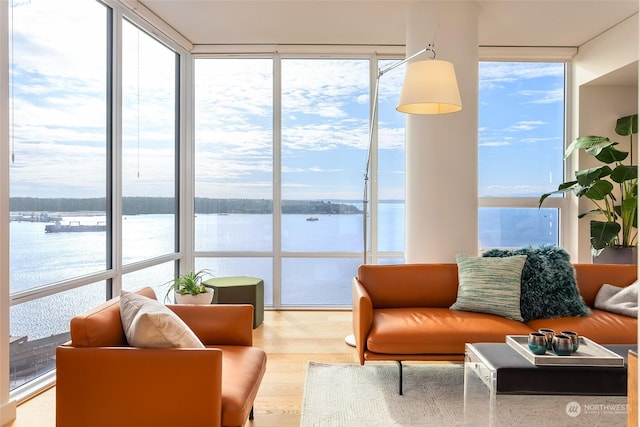 sunroom / solarium with a water view and a healthy amount of sunlight