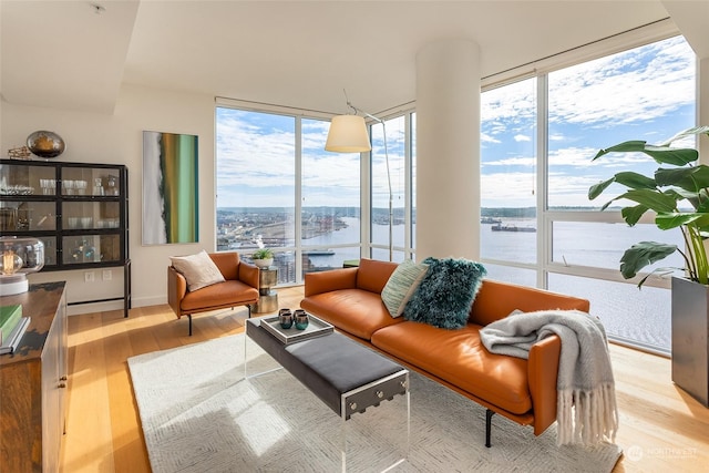 living room with light hardwood / wood-style flooring, expansive windows, and a water view