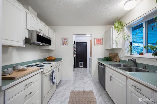 kitchen featuring white cabinetry, dishwasher, sink, white range with electric cooktop, and a textured ceiling