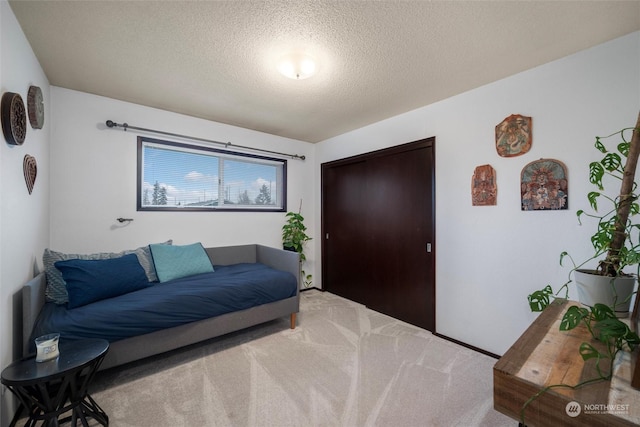 living room featuring a textured ceiling and carpet flooring