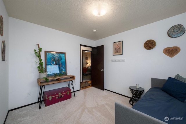 living room featuring light colored carpet and a textured ceiling