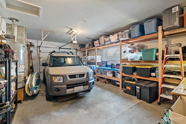 garage with strapped water heater