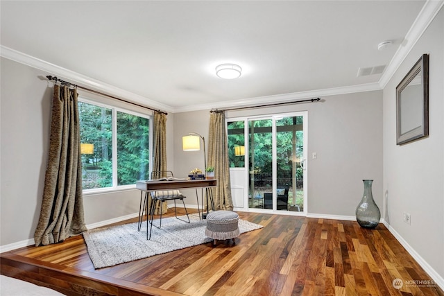 office featuring a wealth of natural light, ornamental molding, and wood-type flooring