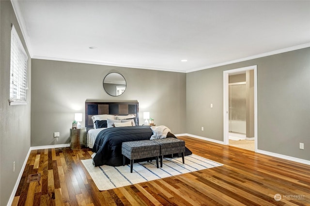 bedroom featuring wood-type flooring and ornamental molding