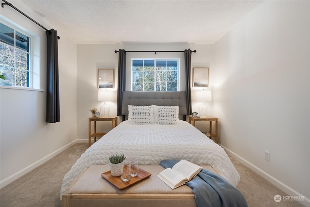 bedroom featuring a textured ceiling and carpet flooring