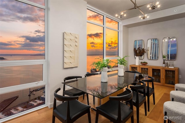 dining area with a water view, expansive windows, a chandelier, and light wood-type flooring