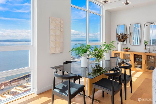 dining space with a wall of windows, light wood-type flooring, and a notable chandelier