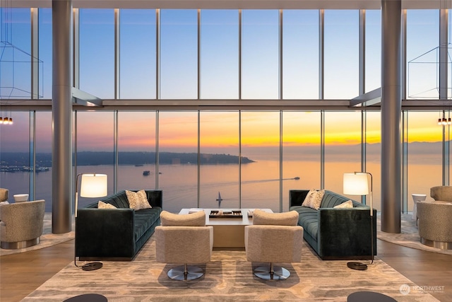 living room featuring hardwood / wood-style flooring and a water view