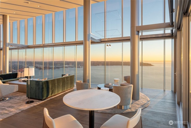 sunroom with a water view