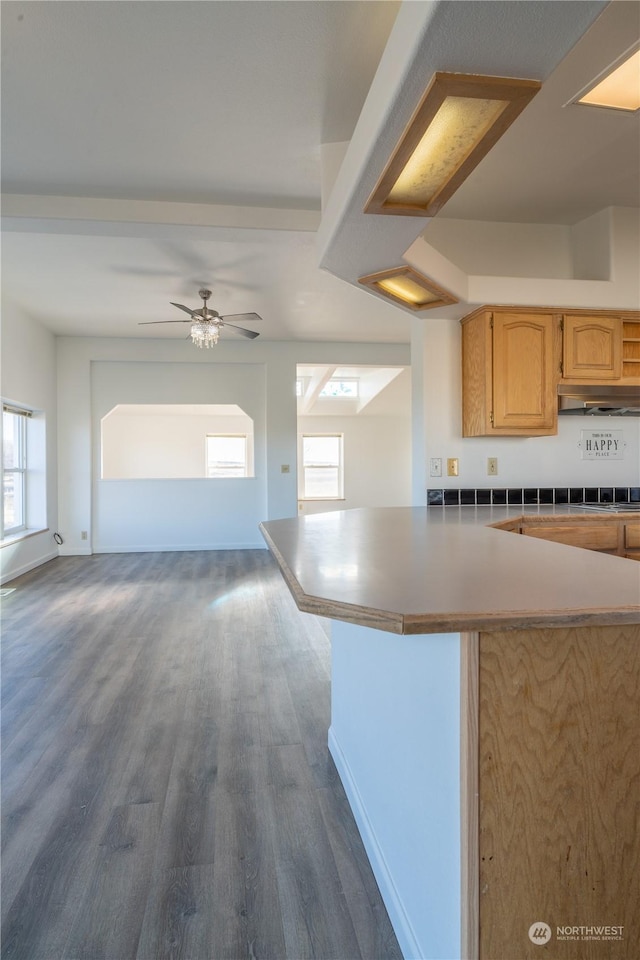 kitchen featuring dark wood-type flooring, ceiling fan, and light brown cabinetry