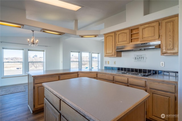 kitchen with a wealth of natural light, stainless steel gas cooktop, and a kitchen island