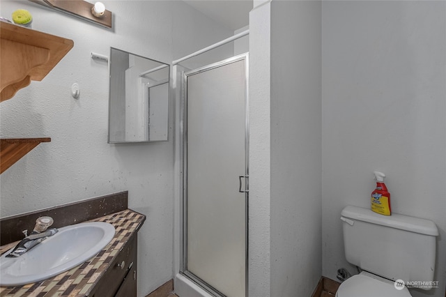 bathroom featuring vanity, a shower stall, and toilet