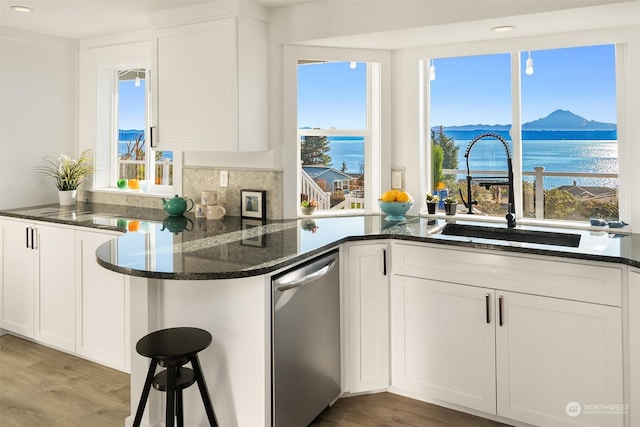 kitchen with stainless steel dishwasher, white cabinets, a sink, wood finished floors, and dark stone counters