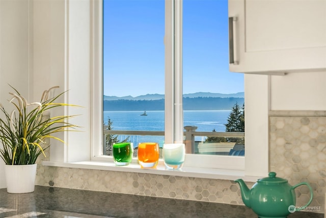 room details featuring a water and mountain view