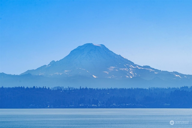 view of mountain feature featuring a water view and a wooded view