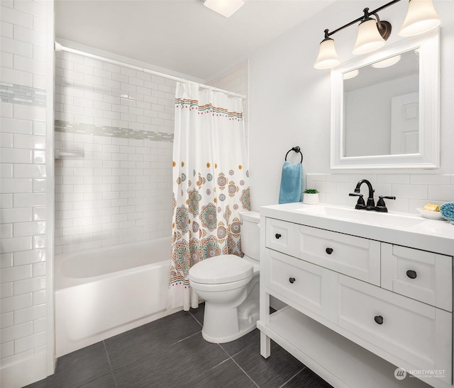 full bathroom featuring decorative backsplash, toilet, tile patterned floors, shower / bathtub combination with curtain, and vanity