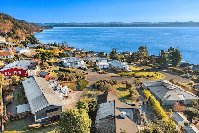 bird's eye view featuring a water view and a residential view