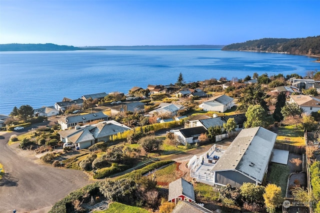 bird's eye view featuring a water view and a residential view