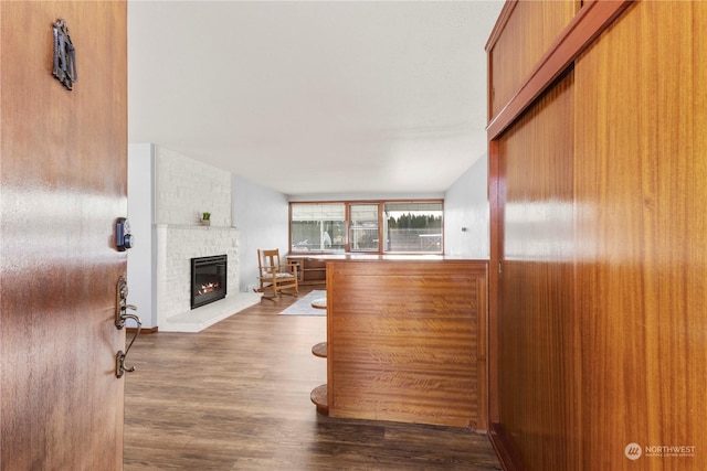 living room with dark hardwood / wood-style floors and a fireplace