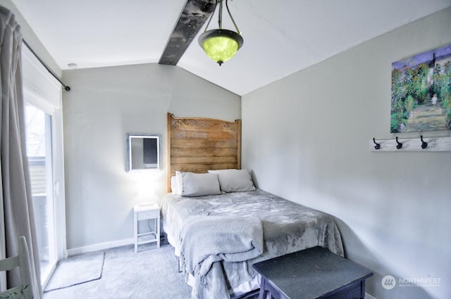 bedroom featuring lofted ceiling with beams and light carpet