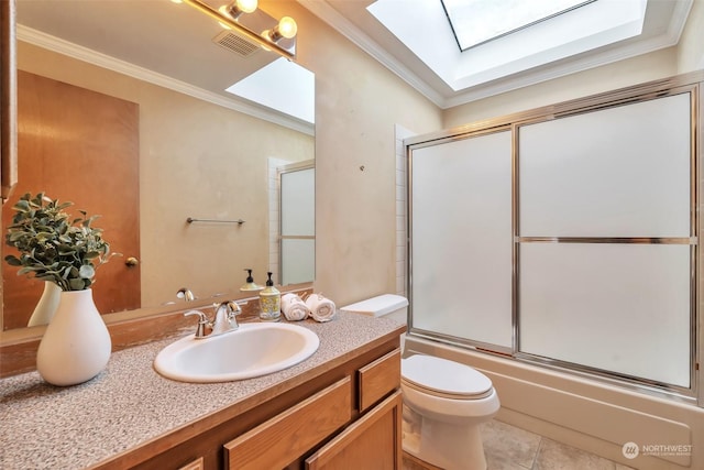 full bathroom featuring crown molding, combined bath / shower with glass door, and a skylight