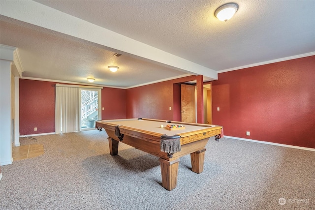 playroom with pool table, ornamental molding, a textured ceiling, and carpet