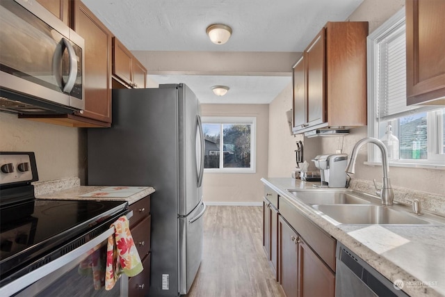 kitchen featuring a healthy amount of sunlight, appliances with stainless steel finishes, light hardwood / wood-style floors, and sink