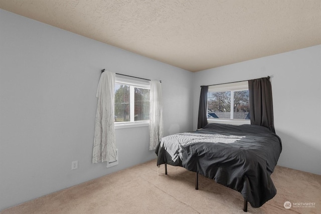 carpeted bedroom featuring multiple windows and a textured ceiling