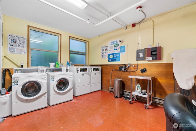 laundry room with electric panel and washing machine and dryer