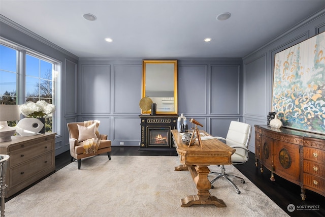 office area featuring crown molding