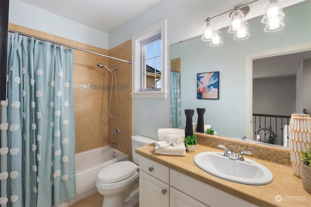 full bathroom with shower / tub combo, vanity, decorative backsplash, and toilet