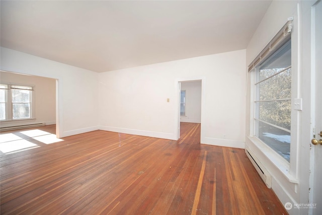 empty room featuring dark hardwood / wood-style floors and baseboard heating