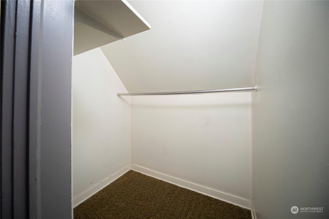 walk in closet with lofted ceiling and dark carpet