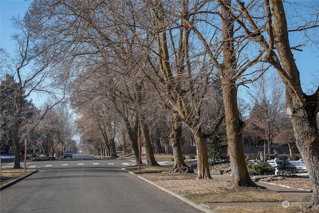 view of road featuring traffic signs and curbs