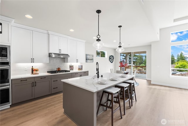 6612 6th St E, Tacoma, WA 98424 - kitchen with a sink, gray cabinets, stainless steel appliances, backsplash, and light wood-style floors